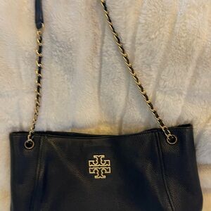 Tory Burch Black Leather Shoulder Bag with Gold Logo & Chain Strap
